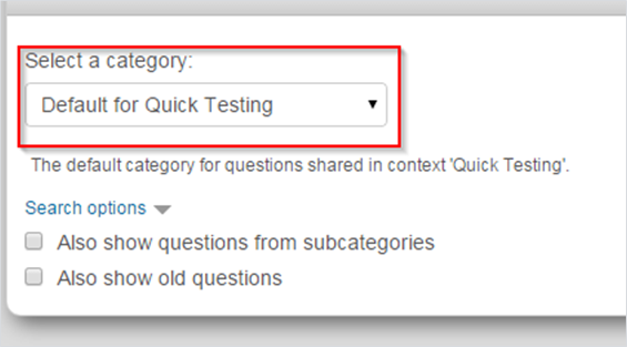 Image of adding from a question bank with select a category highlighted