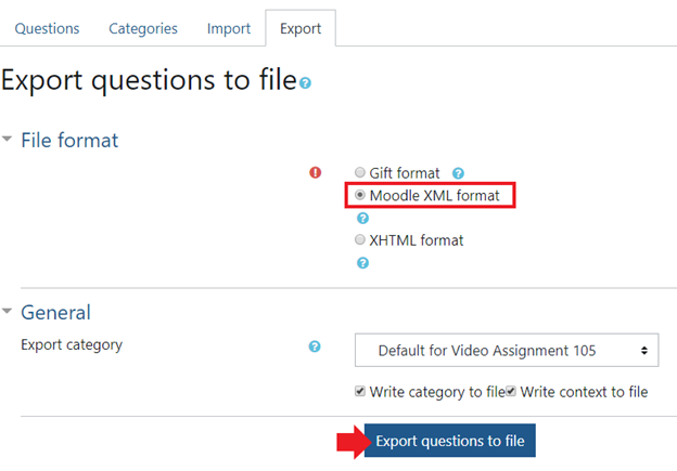 Change the file format to Moodle XML format and click Export questions to file at the bottom of the page.