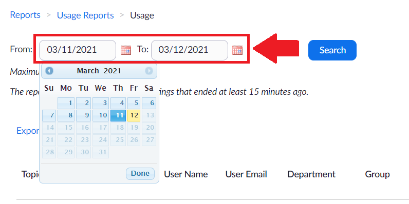 date range text fields highlighted with arrow