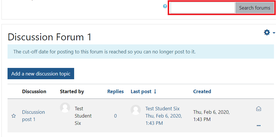Image of empty forum search bar selected within a sample discussion forum.