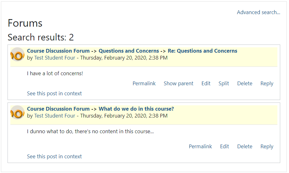 Image of forums with Test Student Four as the author.