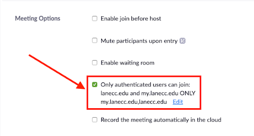 zoom meeting options with only authenticated users can join checkbox selected