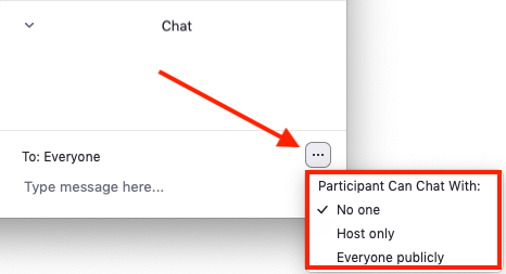 zoom chat window options showing who participants can chat with no one, host only, or everyone publicly