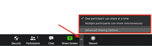 zoom share screen options showing who can share in the meeting