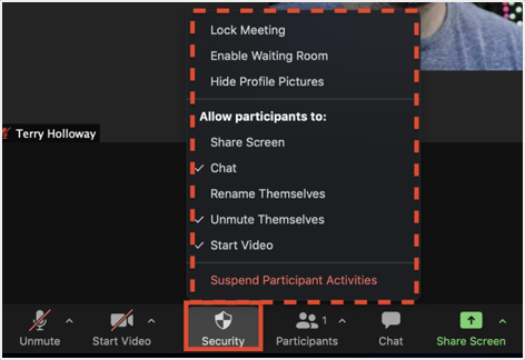 zoom meeting window with security options highlighted