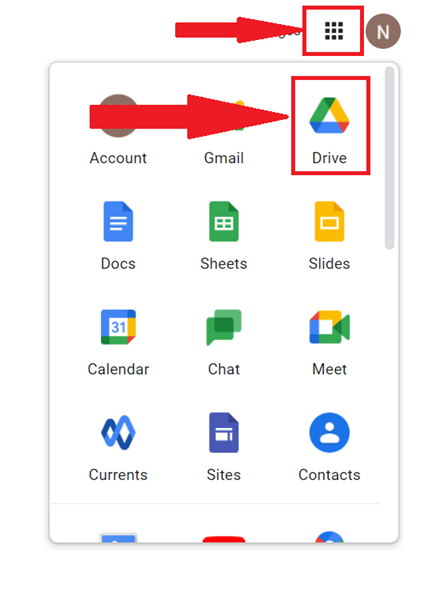screenshot of google apps with drive highlighted