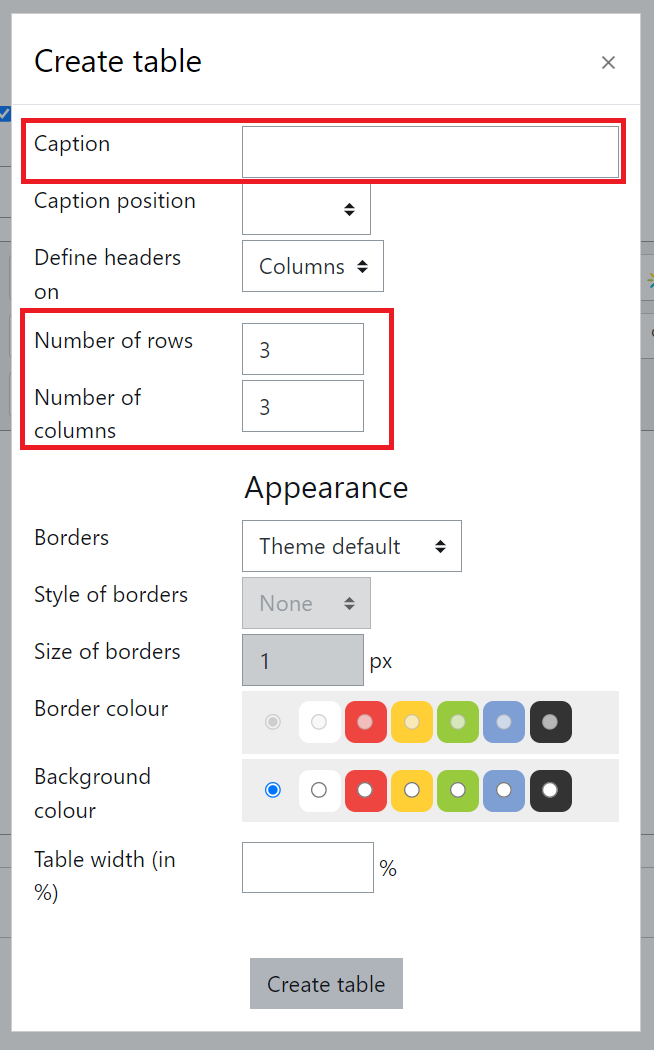 Caption and row and column controls in the table editor.