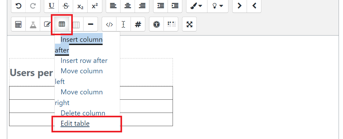 Table button after clicking into a table, shows option for edit table.