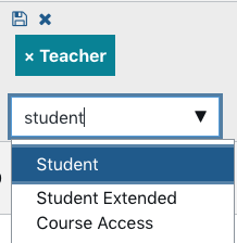 "Student" is typed into the search and drop-down menu and Student role option is highlighted.