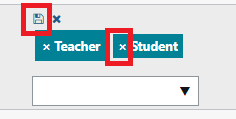 The x icon beside the student role to remove it and small floppy disc save icon above the selected roles.