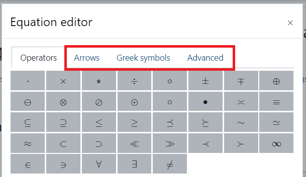 Arrows, Greek symbols, and Advanced tabs for the equation editor options.