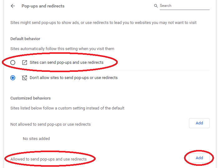 Sites can send pop-up option in the default behavior section. Allowed to send pop-ups site lists at the bottom with an Add button across from it.