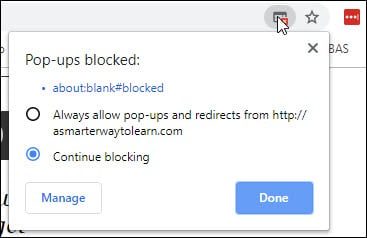 Example of pop up blocked message in chrome as a square icon with a red X at the right side of the web address bar.