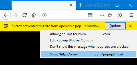 Example of pop up blocked message in firefox as a yellow bar scrolling across the top of the tab in the browser.