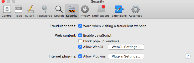 Block pop-up is under Web content on the Security tab.