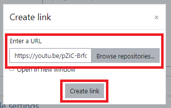 Pasted Youtube link in the Enter URL box and Click Create Link below it.