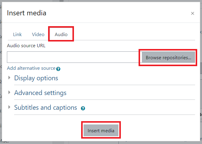 Audio tab selected, Browse repositories button, and Insert Media button in the Insert Media window.
