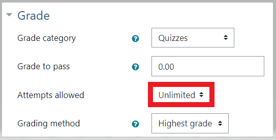 Image of Grade option with attempts allowed set to unlimited.