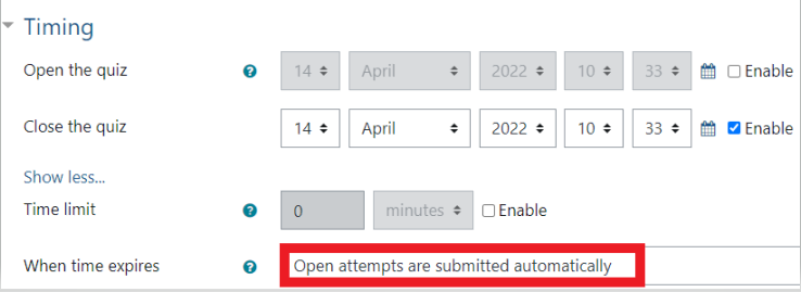 Image of timing drop down with when time expires option set to open attempts are submitted automatically.