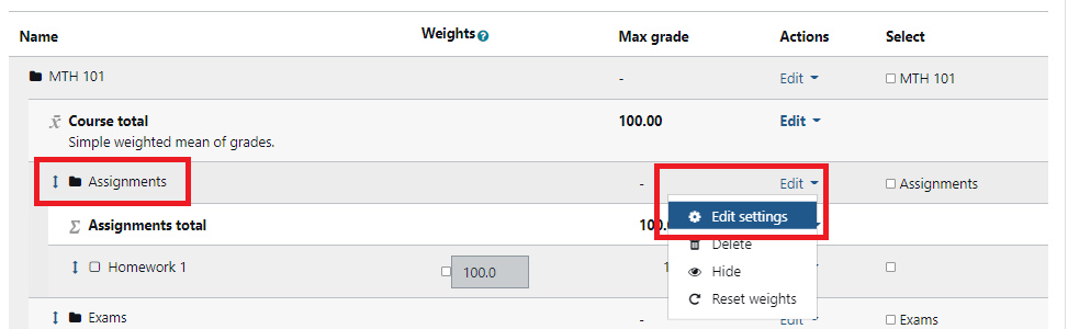 Click Edit and Edit settings across from the category or grade item name inside of the gradebook.