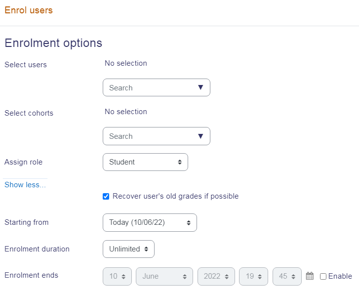 Enrollment options shown including select users, select cohorts, assign role, starting from, enrollment duration and enrollment ends.