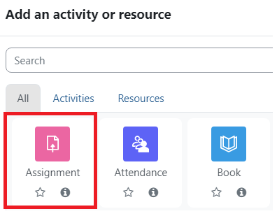 Add an activity or resource with assignment highlighted