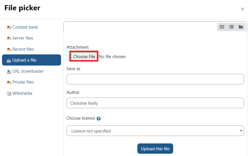 Upload a file chosen with choose file highlighted.