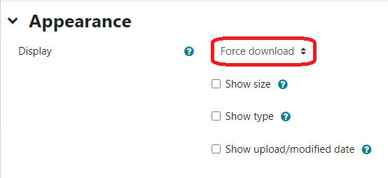 Appearance display options with force download chosen and highlighted.