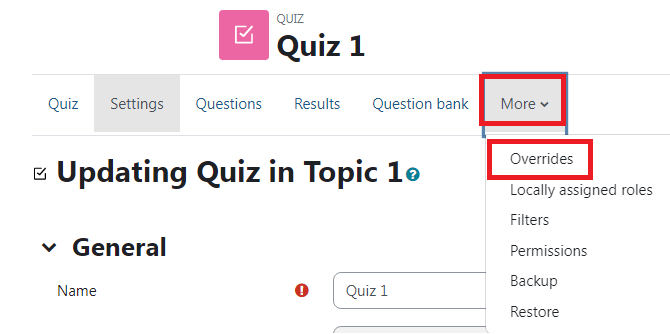 Quiz chosen with More drop down menu and Overrides highlighted.