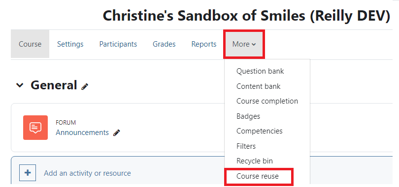 Course home page with More and course reuse highlighted.