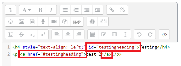 Anchor ID tag and Link tagging in the html editor in Moodle.
