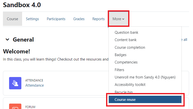 The More tab at the top of a course and Course reuse identified in the drop-down list..
