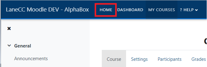 Moodle options shown with Home highlighted