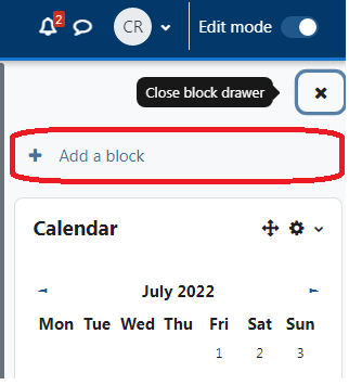Block drawer with Add a block highlighted