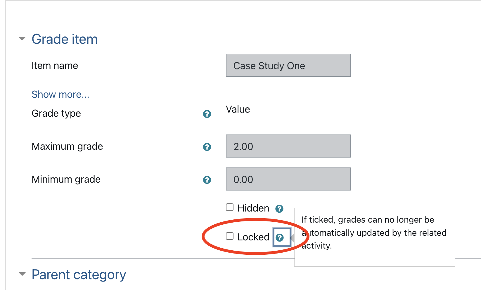 Grade item settings screen. A checkbox is circled that changes the "Locked" status of the grade item.