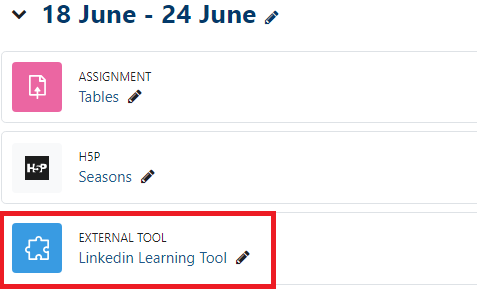 Section in moodle with External tool activity highlighted.