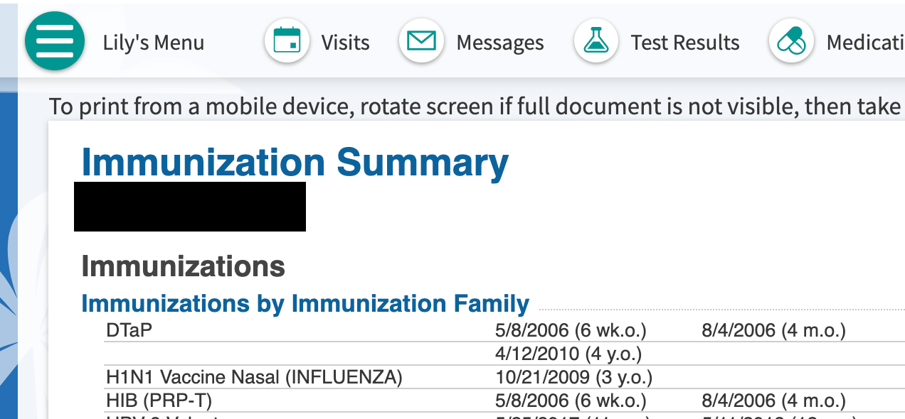 Print an Immunization Record from MyChart Children's Primary Care