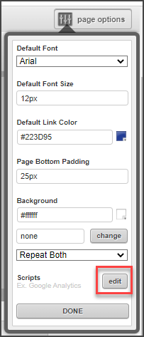 Click edit to the right of Scripts on the page options dialog