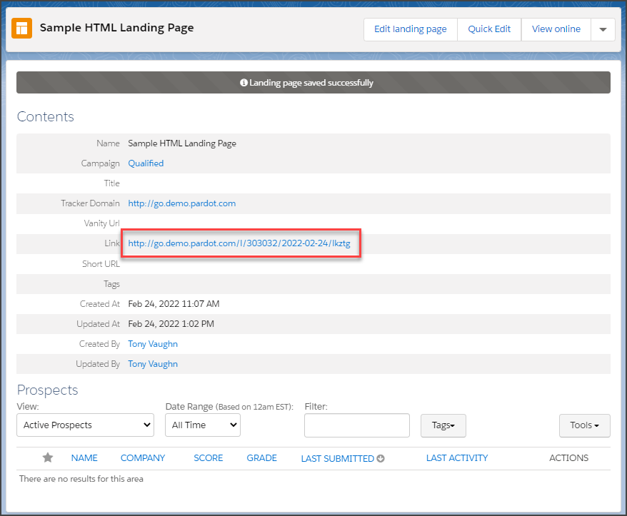 Showing the unmasked website URL for a landing page created in Pardot to have a Pardot-related domain (go.demo.pardot.com)