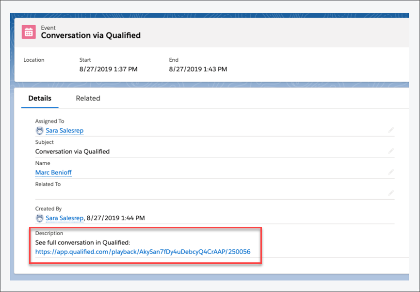 Shows a Playback URL stored in the Description field of a Salesforce event (activity) record for this lead