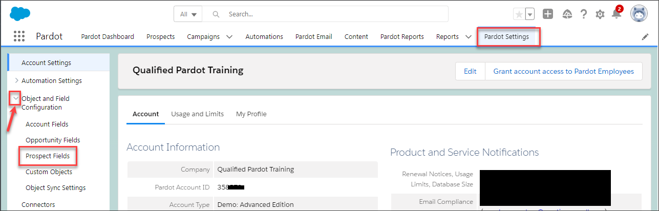 Navigate to Prospect Fields by clicking the drop-down arrow for Object and Field Configuration in the left side-bar of the Pardot Settings app