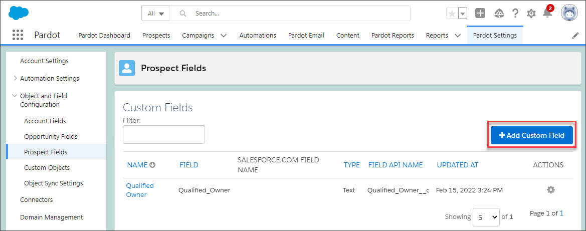 Click +Add Custom Field to add the field to Pardot prospects to hold the Qualified Playback URL