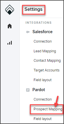 Under INTEGRATIONS in Settings, navigate to Pardot => Prospect Mapping