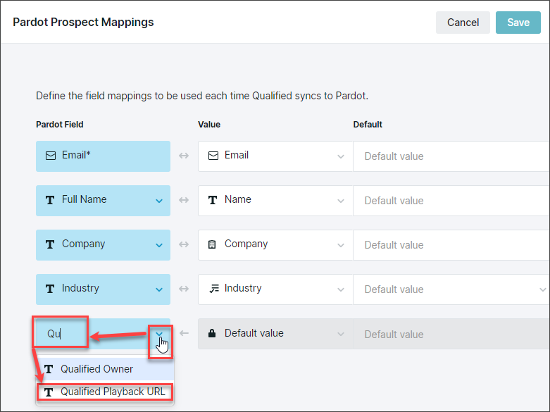 Click the drop-down arrow to select the new Pardot field, enter a few letters to search for it, and click to select in the results