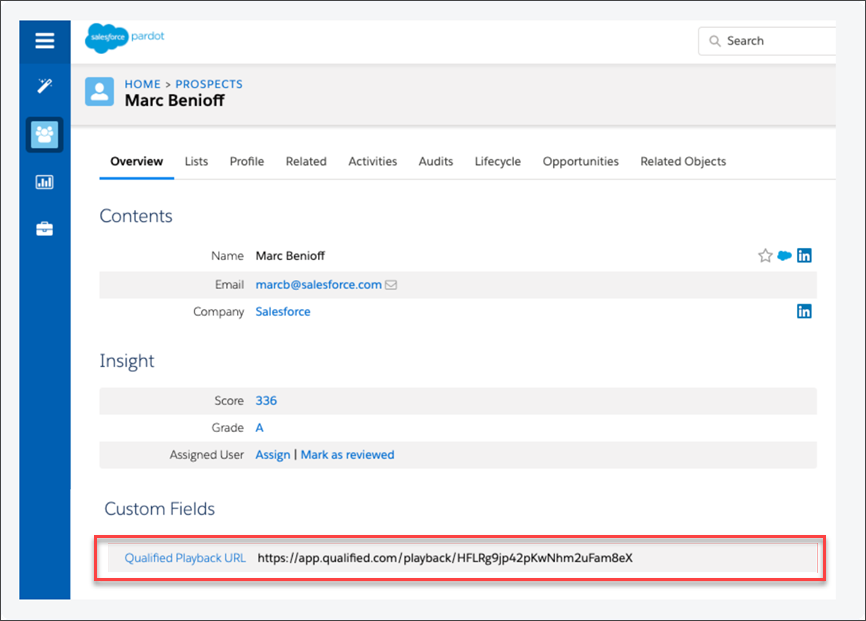 The Qualified playback URL added as a custom field in Pardot