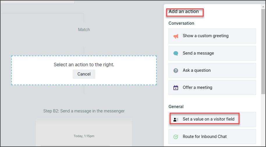 Select from the possible actions: "Set a value on a visitor field"