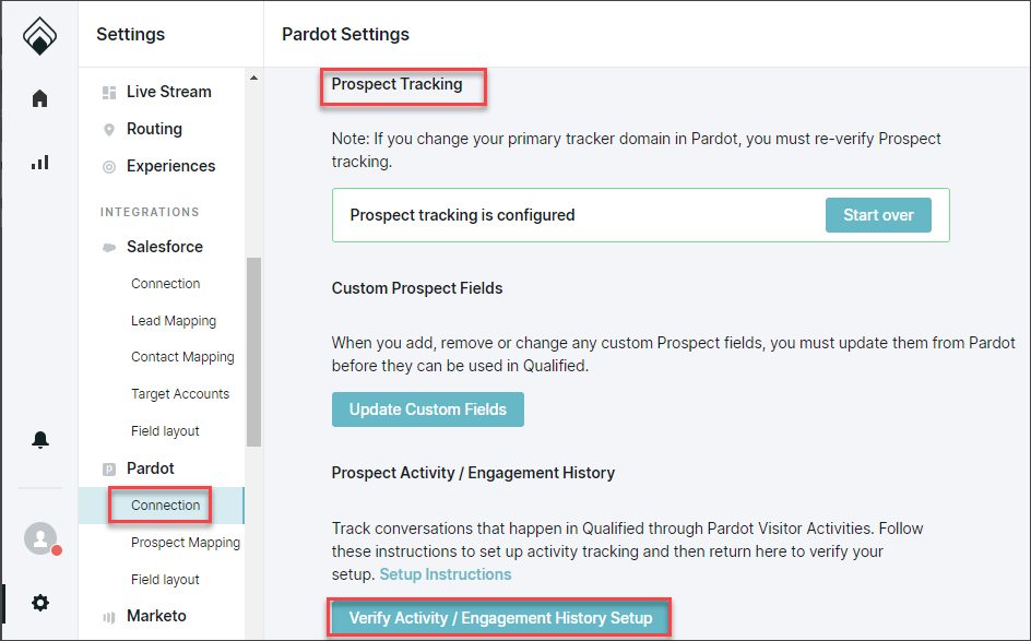 Scroll to the Prospect Tracking section of the Pardot Settings and click Verify Activity / Engagement History Setup