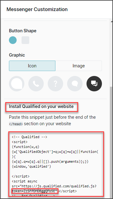 Showing the JavaScript snippet in Qualified Messenger Settings, with the unique token circled
