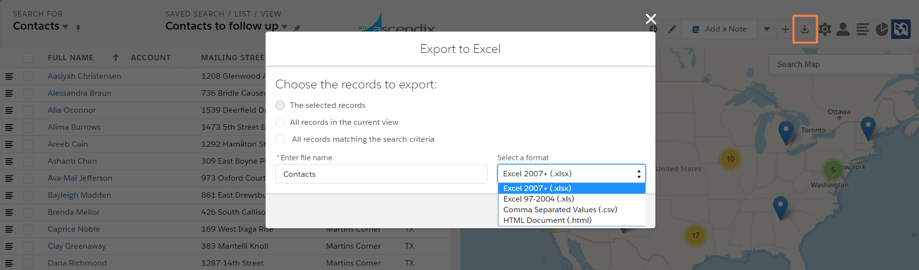 Export to Excel Ascendix Search for Salesforce