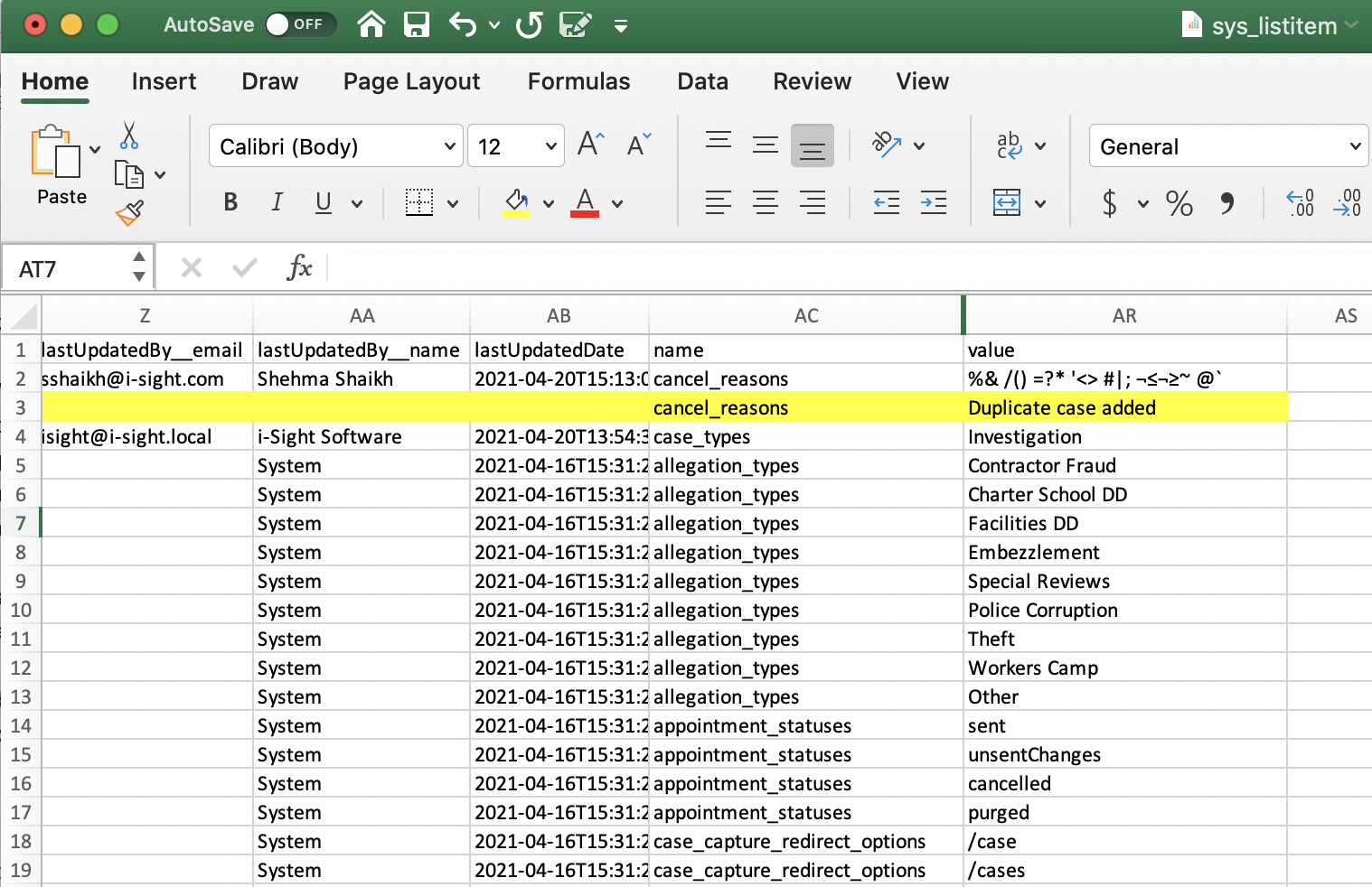 A picklist CSV in Excel where a row has been inserted. 